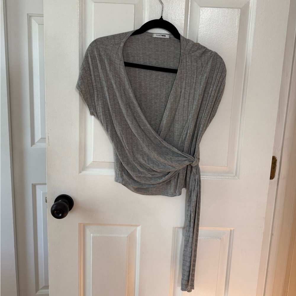 Gray Short Sleeve Wrap Top